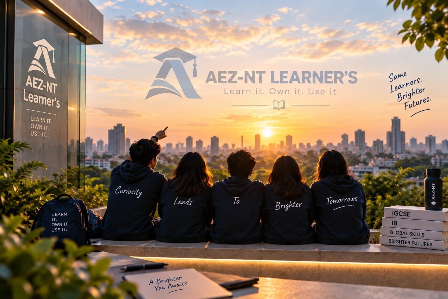 Students at AEZ-NT Learner's looking out over the Mumbai skyline at sunset